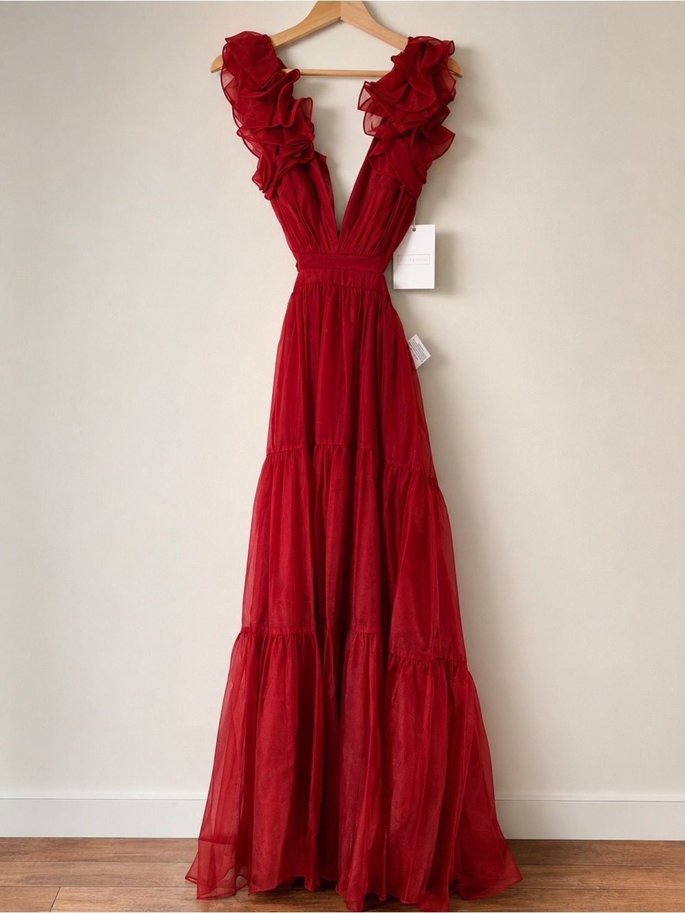 NWT Mac Duggal 49528 Wine Organza Ruffle Plunge Tie Back Maxi Gown Sz 2 - Picture 2 of 15